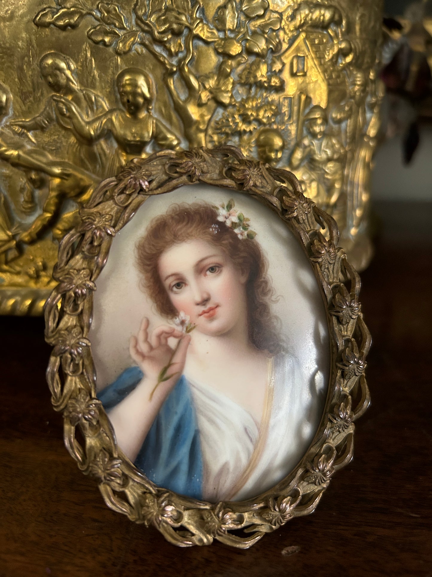 Antique French Miniature Hand Painted Portrait on Porcelain