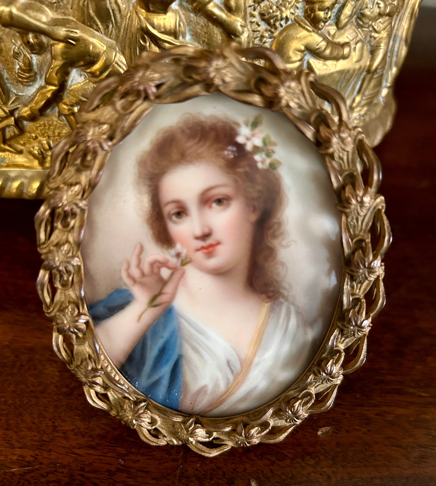 Antique French Miniature Hand Painted Portrait on Porcelain