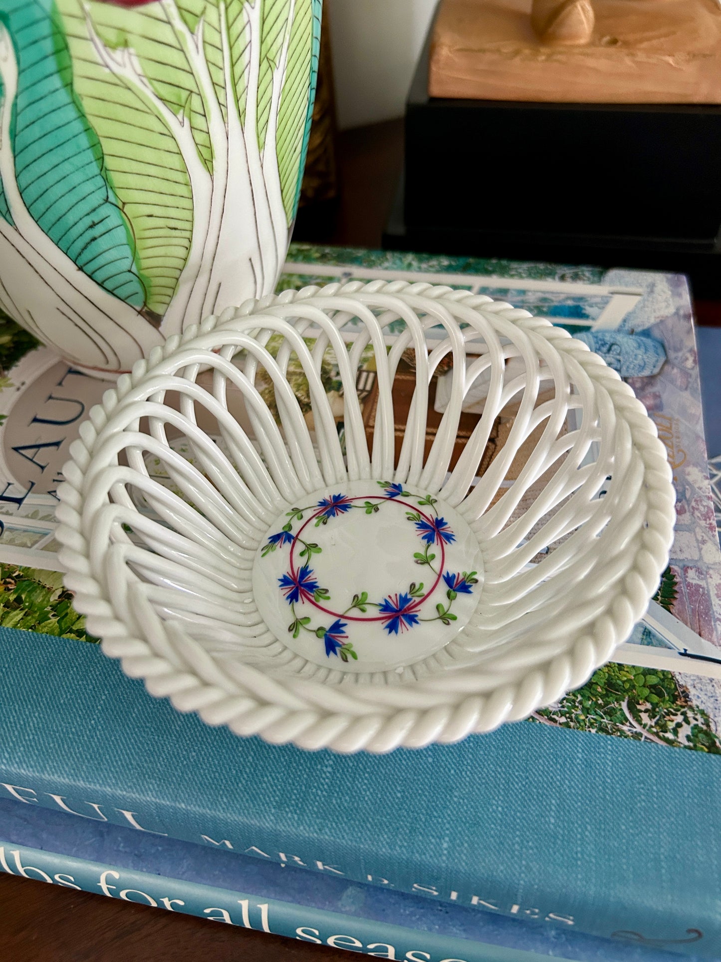 Vintage Herend Blue Garland Openwork Basket