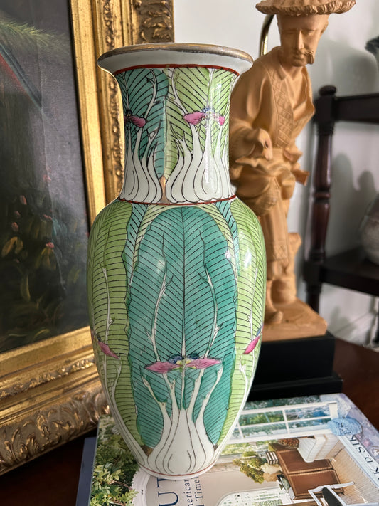Vintage Chinoiserie Bok Choy Porcelain Vase