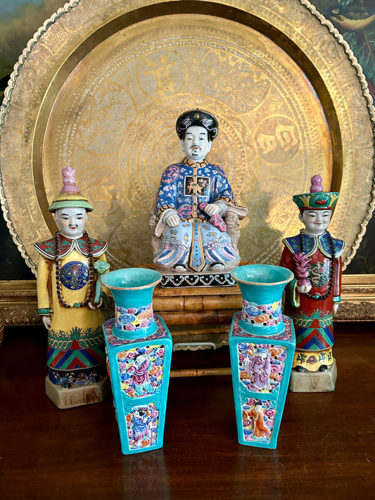 Set 3 Chinese Polychrome Ceramic Emperor Statues