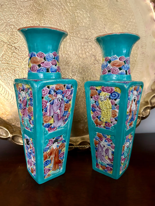 Pair Antique Chinese Reticulated Eight Immortals Vases, 9.5"H x 3" x 3"