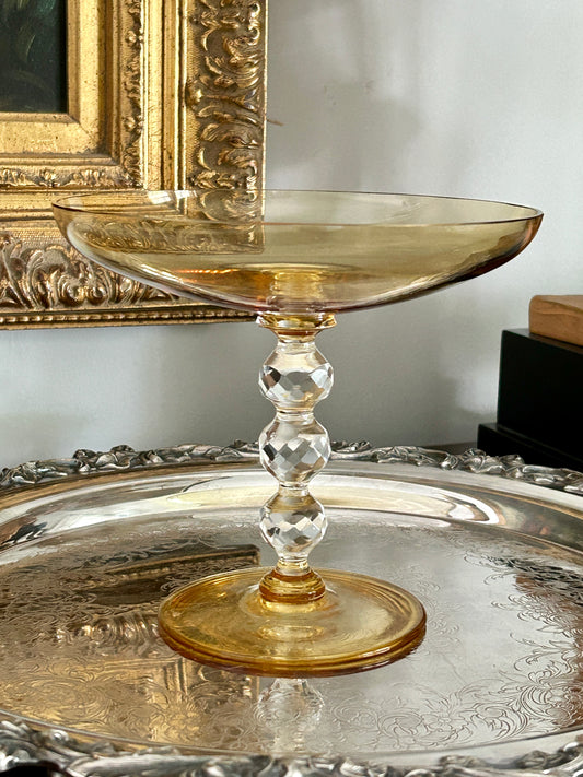 Amber Glass Faceted Compote