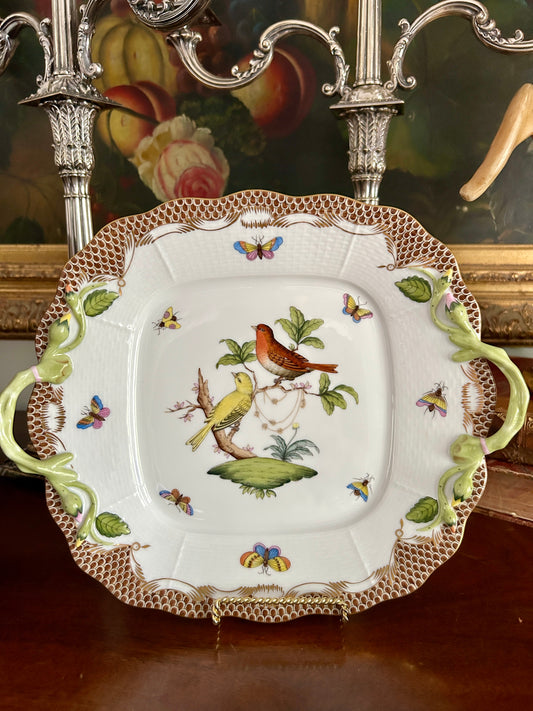 Herend Rothschild Bird Square Cake Plate w/ Brown Border