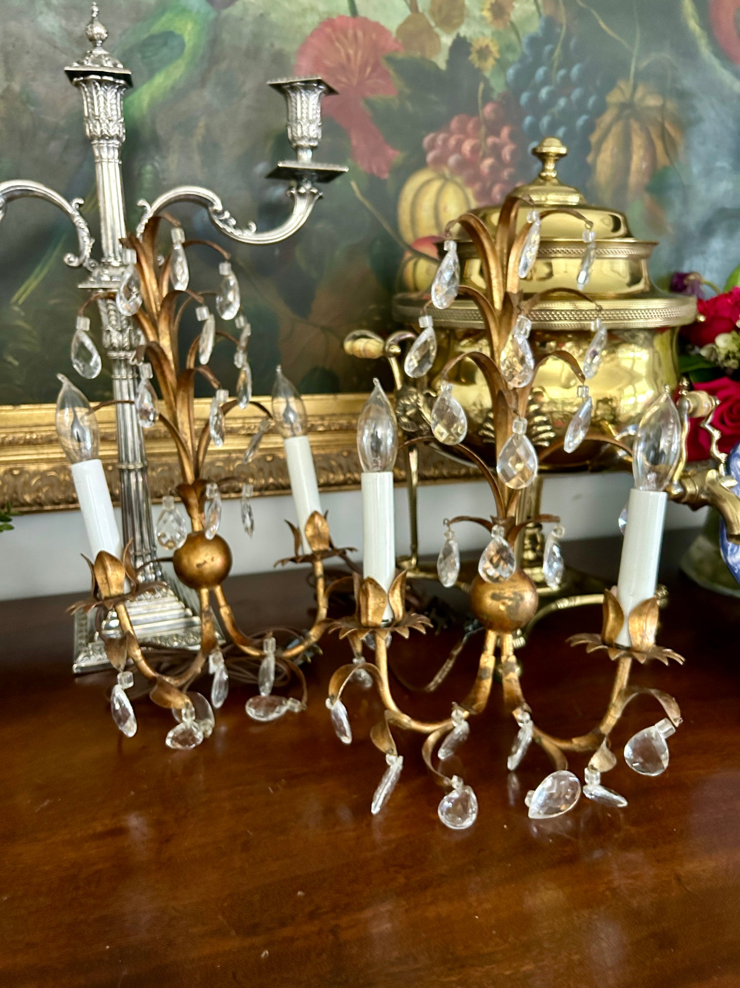 Pair Italian Gold Tole & Crystal Sconces