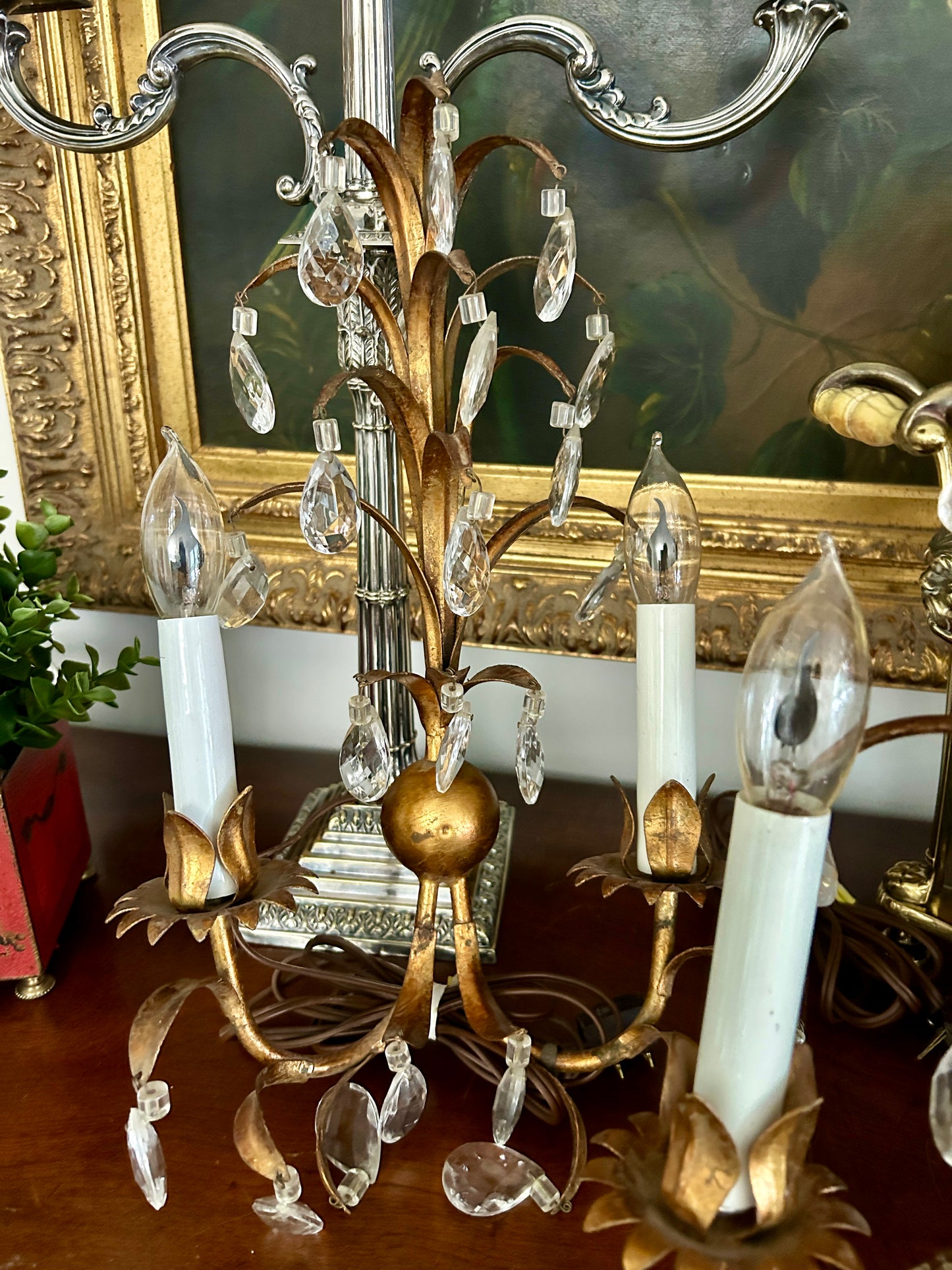 Pair Italian Gold Tole & Crystal Sconces