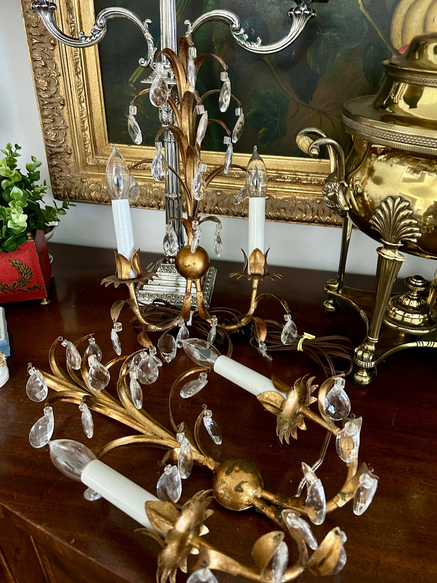 Pair Italian Gold Tole & Crystal Sconces