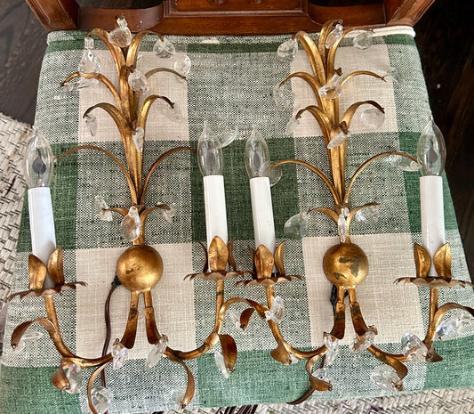 Pair Italian Gold Tole & Crystal Sconces