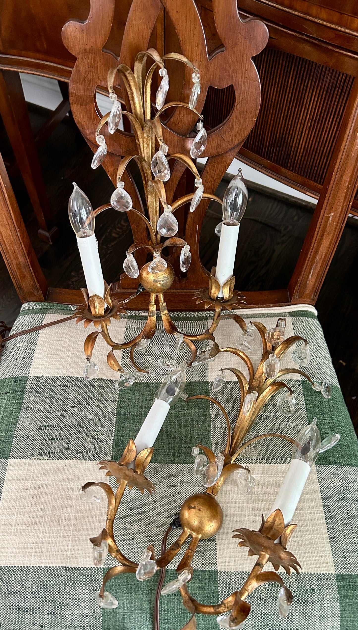 Pair Italian Gold Tole & Crystal Sconces