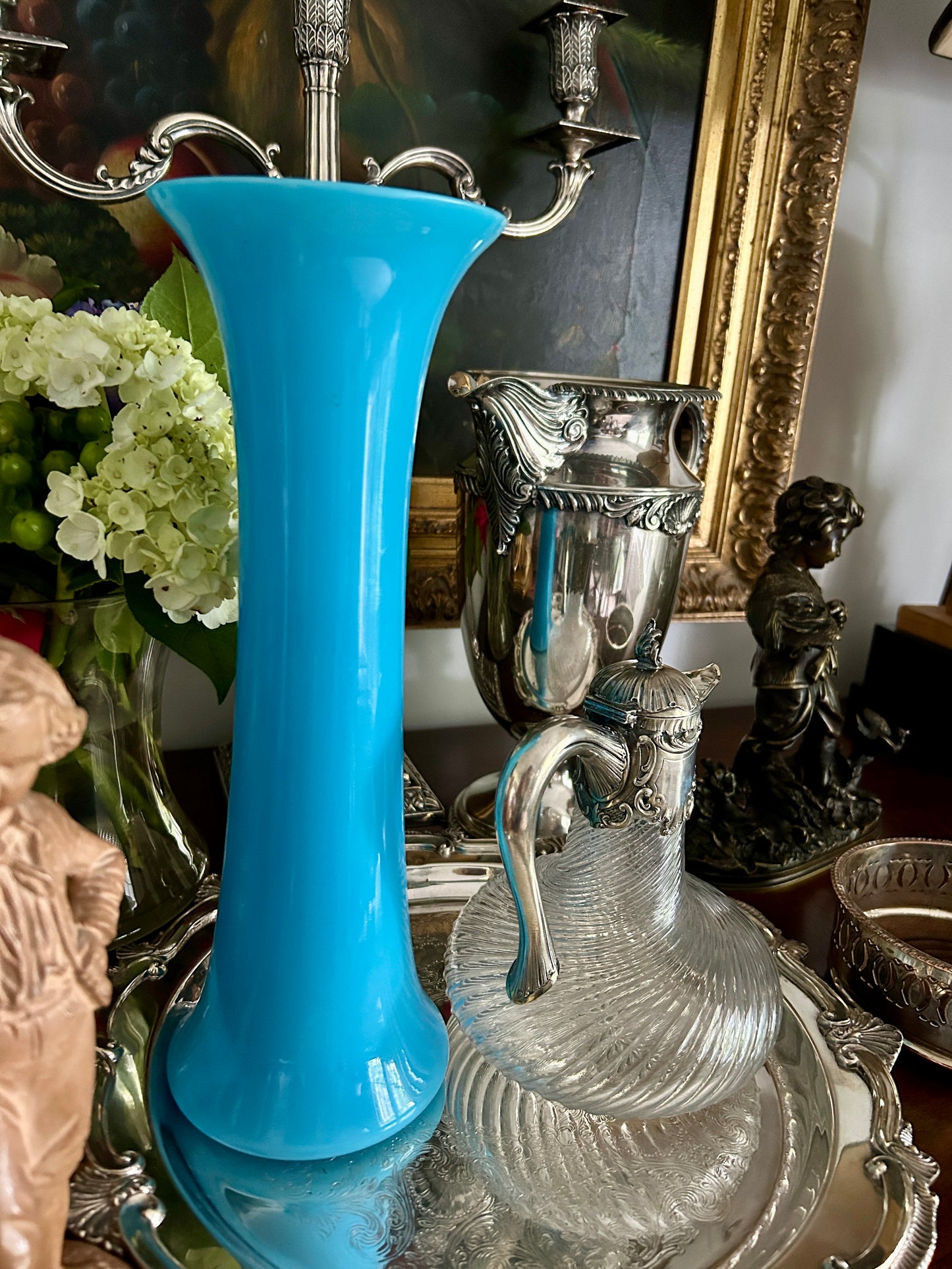 Vintage Opaline Style Azurite Glass Trumpet Vase