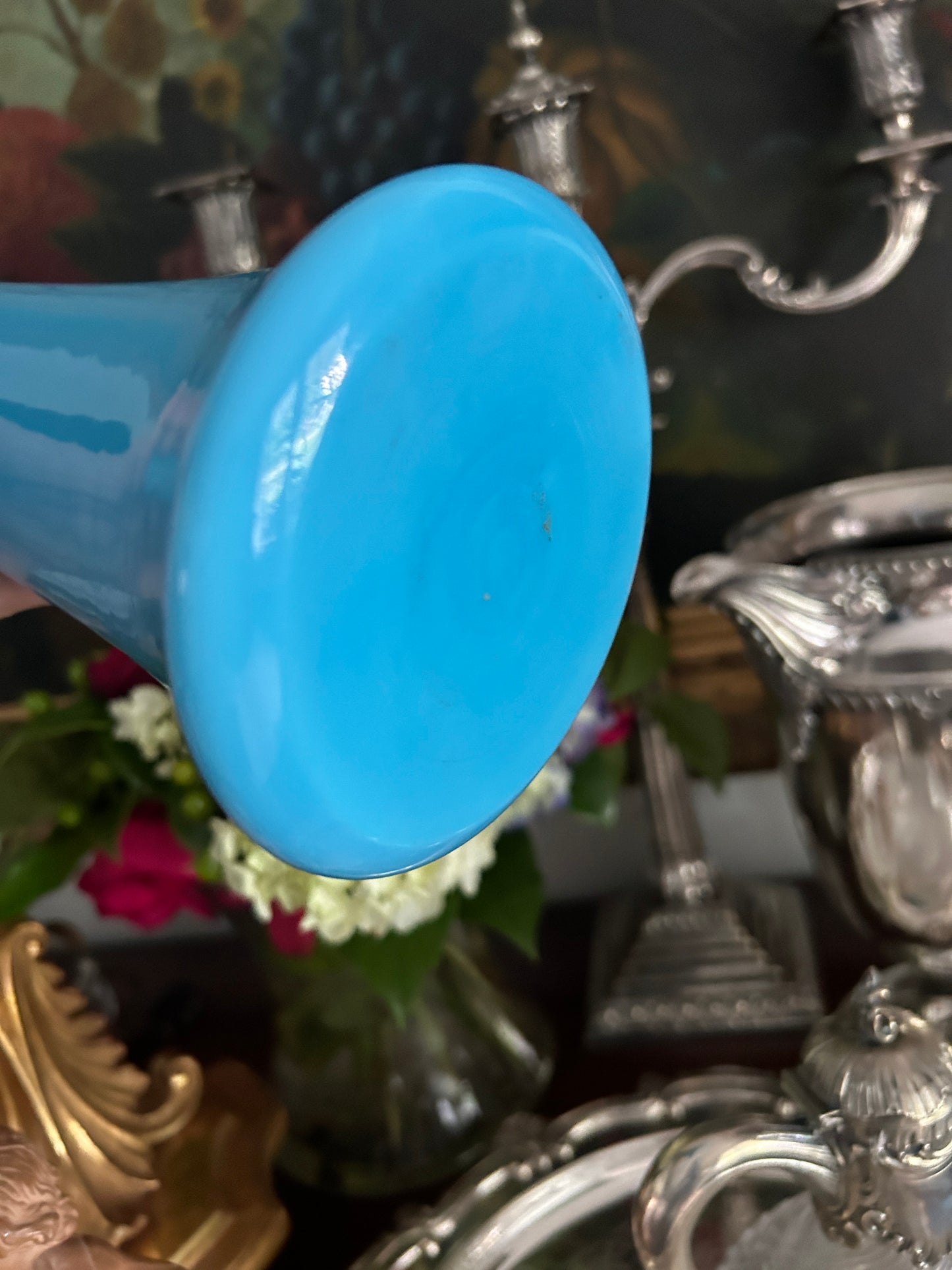 Vintage Opaline Style Azurite Glass Trumpet Vase