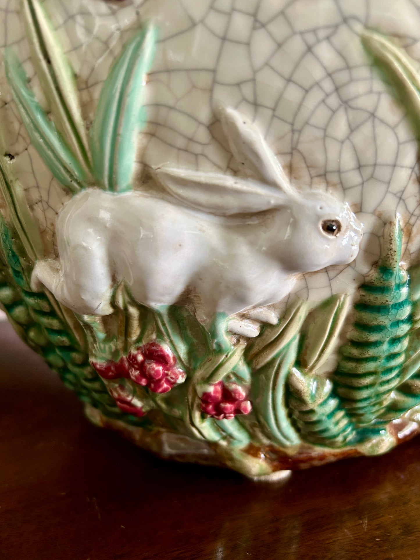 Large Vintage Majolica Style Bunny Rabbit Planter