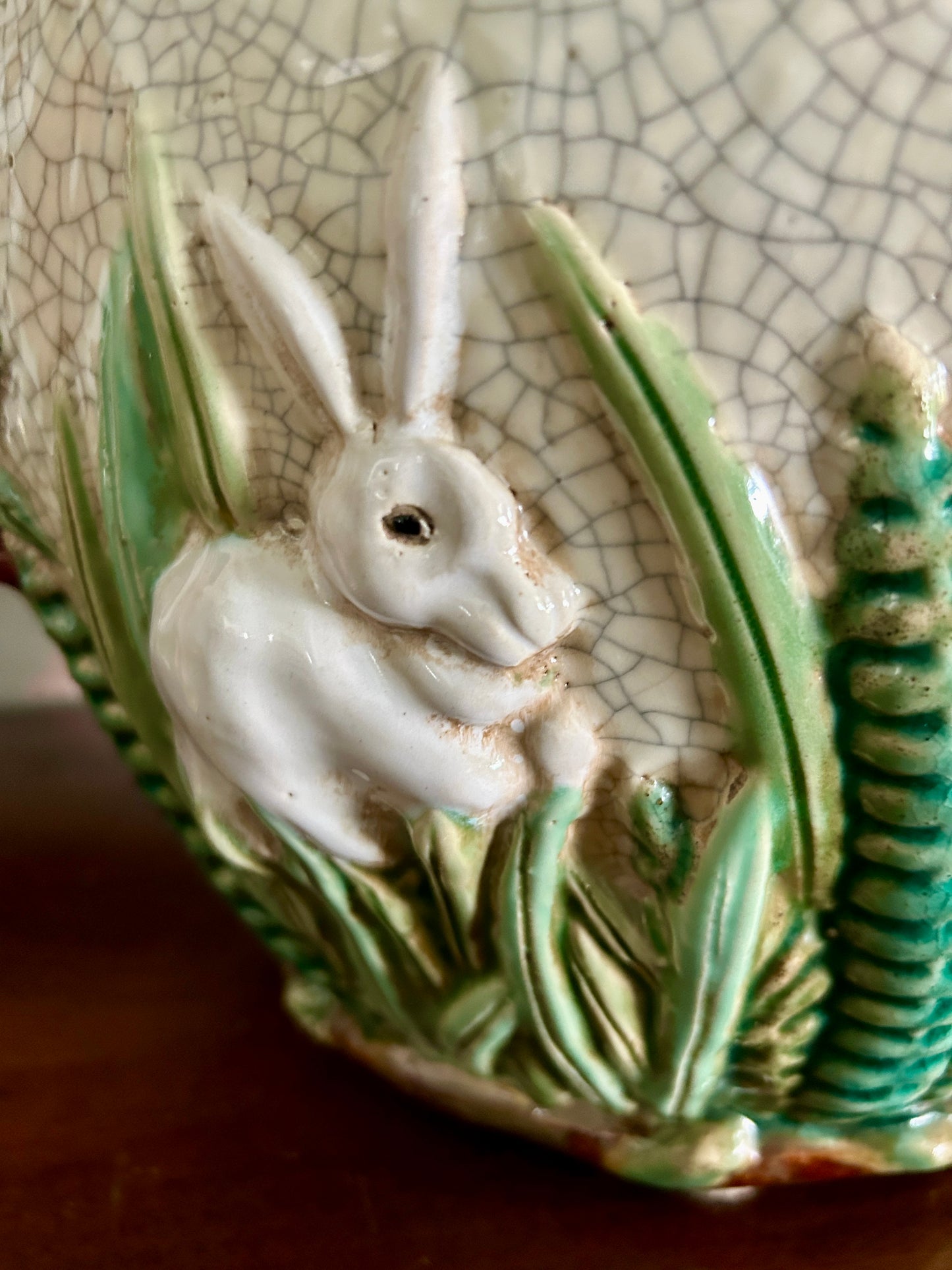 Large Vintage Majolica Style Bunny Rabbit Planter