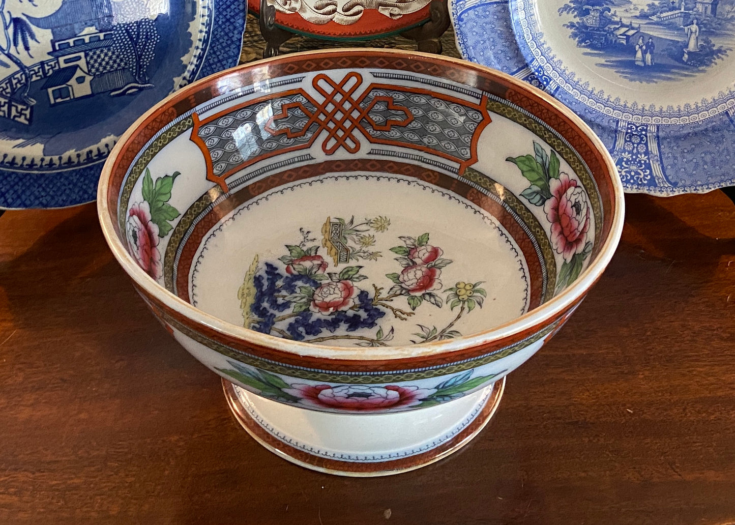 Antique English Polychrome Transferware Footed Bowl