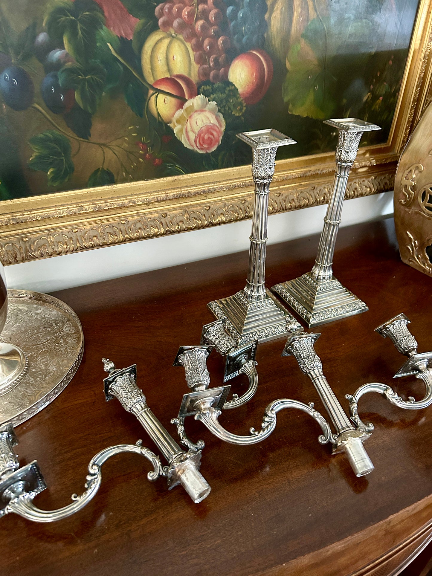 Pair of Antique English Silver Plate Neoclassical Candelabra