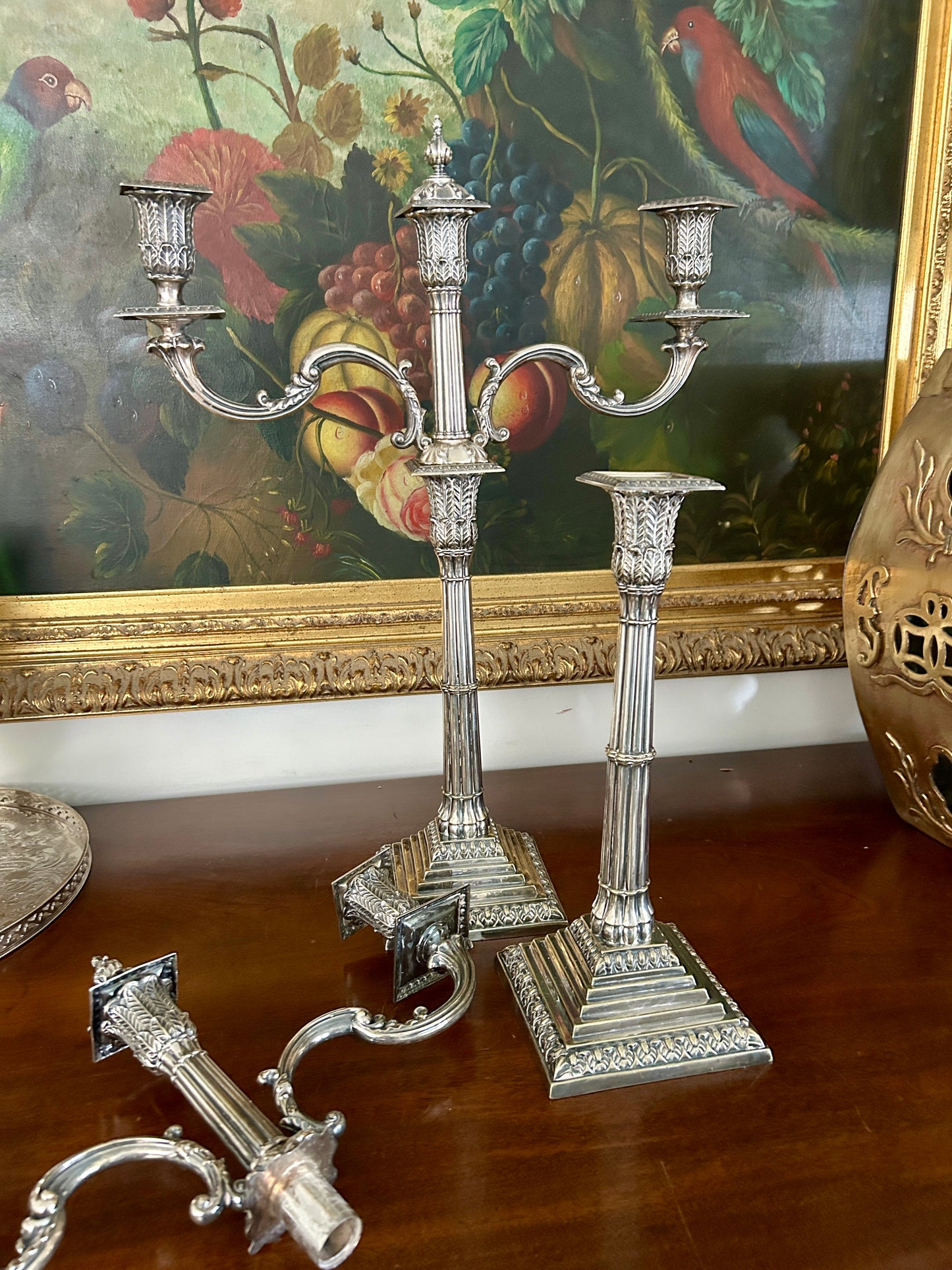 Pair of Antique English Silver Plate Neoclassical Candelabra