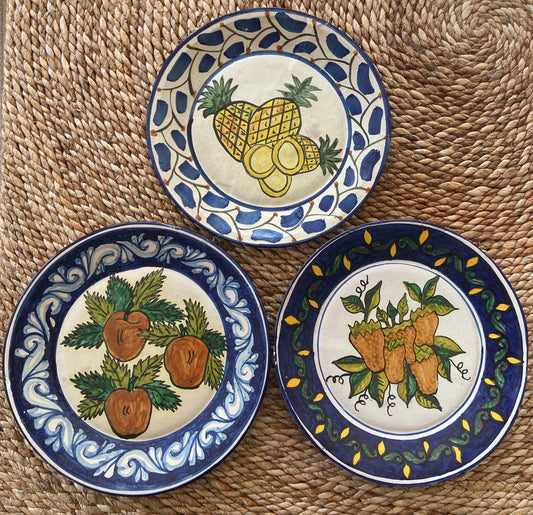 Rustic Vintage Set of 3 Talavera Style Glazed Earthenware Plates