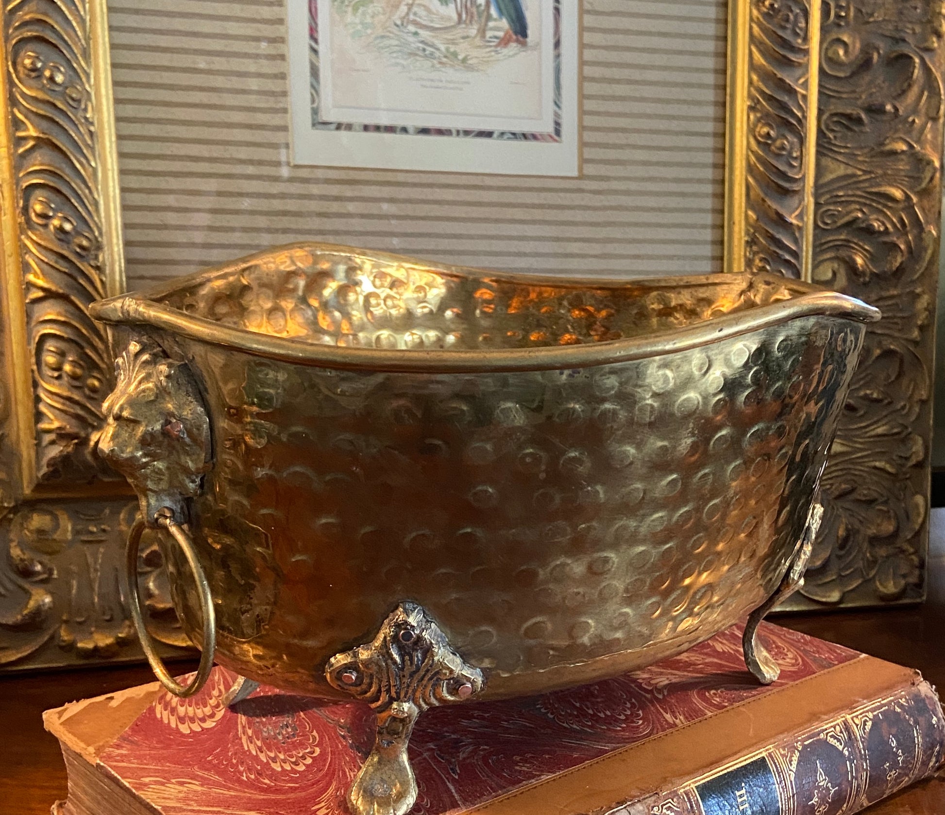 Vintage Hammered Brass Cachepot Planter w/ Lion's Mask Handles