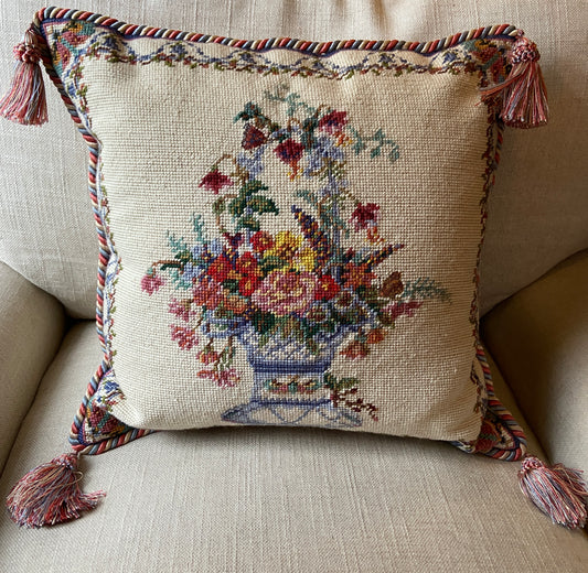 Pair of Gorgeous Red & Gold w White Florals in Urn Needlepoint Pillows