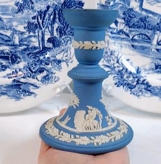 Blue and white wedgwood candle stick holder