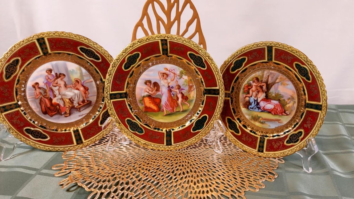 3 Vintage Plates, Royal Vienna Austria, signed Kaufmann, from 1870.