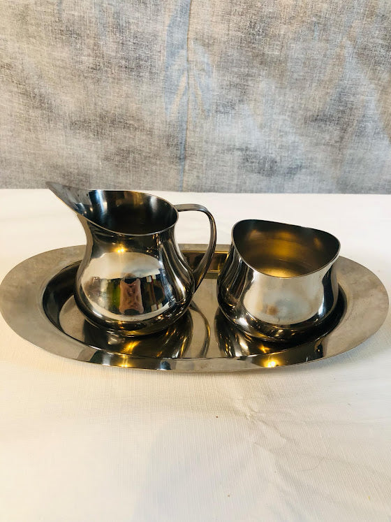 FB Rogers Silver & Glass warming carafe on stand with Creamer, Sugar & Tray