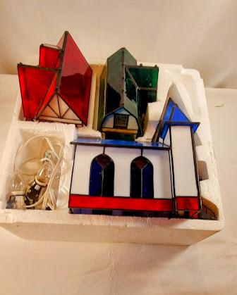 3 Piece Illuminated Stained Glass Village Set, By Grandeur Noel