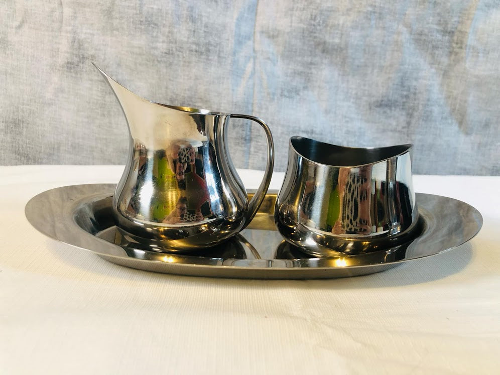 FB Rogers Silver & Glass warming carafe on stand with Creamer, Sugar & Tray