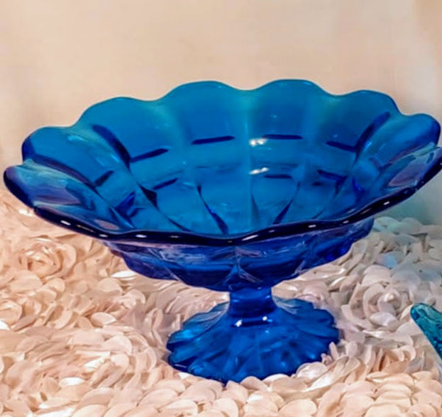 Vintage Fenton Valencia Colonial Blue Glass Large Pedestal Compote