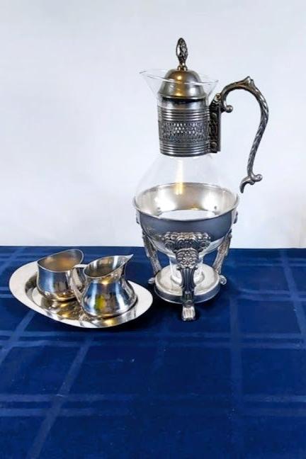 FB Rogers Silver & Glass warming carafe on stand with Creamer, Sugar & Tray