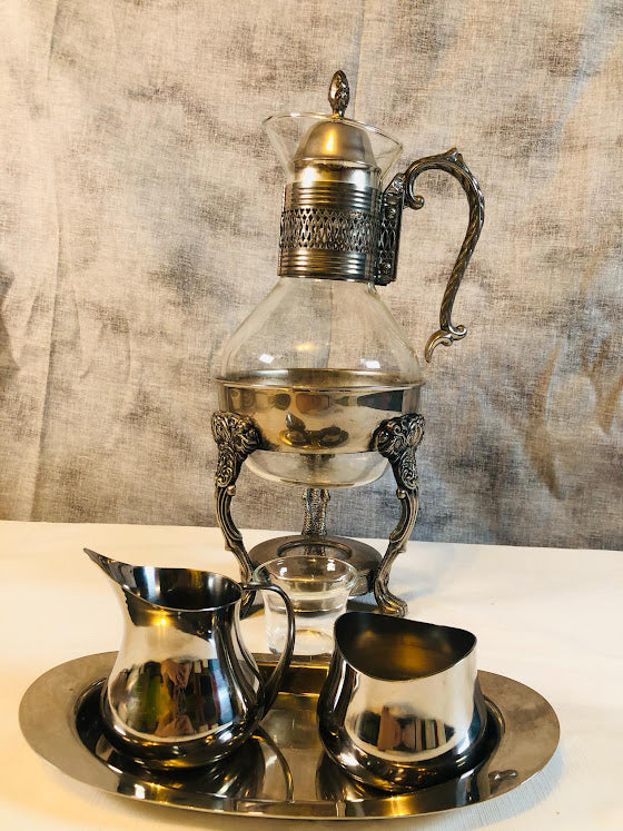 FB Rogers Silver & Glass warming carafe on stand with Creamer, Sugar & Tray