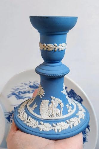 Blue and white wedgwood candle stick holder