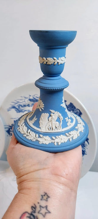 Blue and white wedgwood candle stick holder