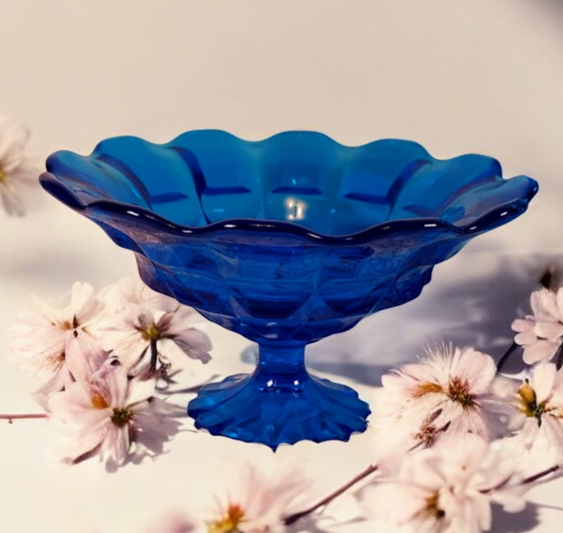 Vintage Fenton Valencia Colonial Blue Glass Large Pedestal Compote