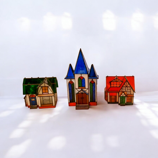 3 Piece Illuminated Stained Glass Village Set, By Grandeur Noel