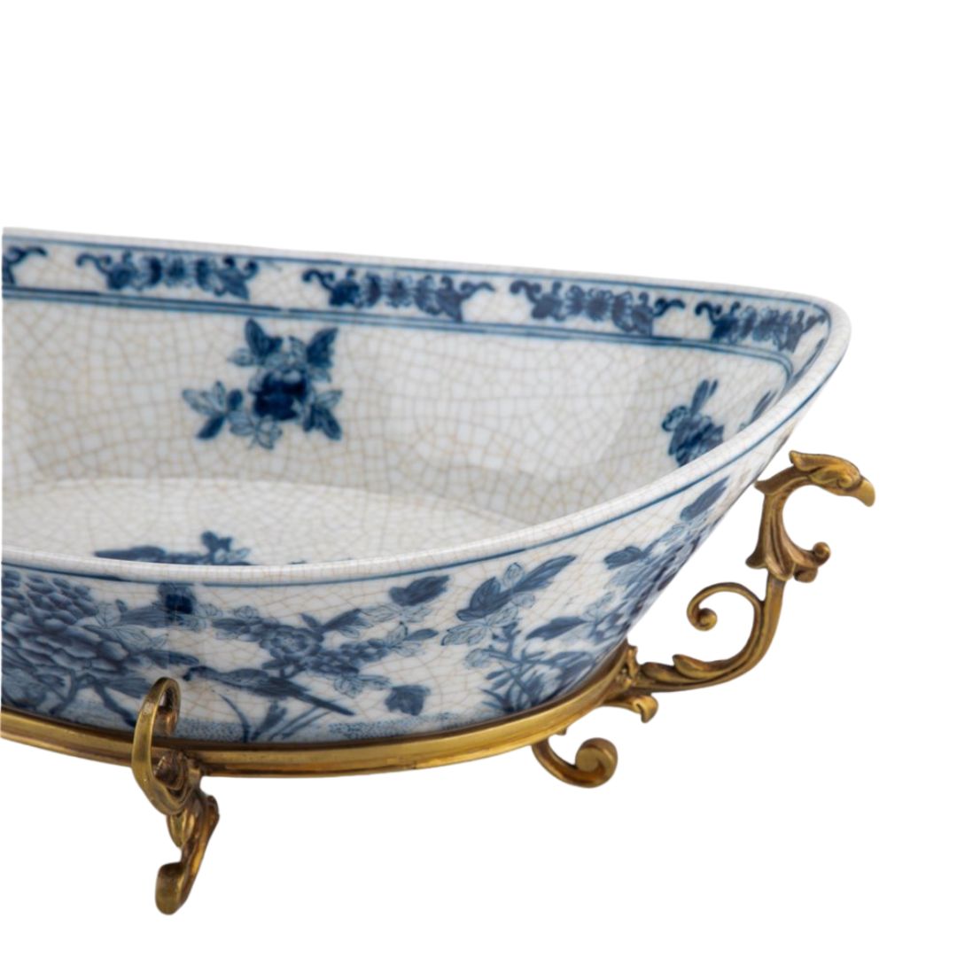 [14.5Lx8W Porcelain Blue And White Floral w/ Bird Pattern Oval Basin