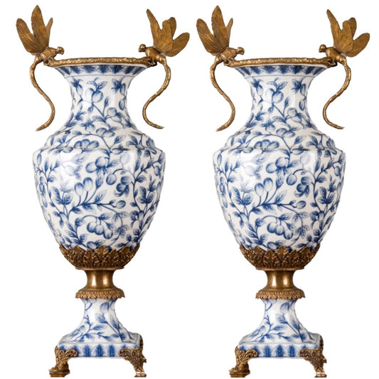 STUNNING - 20" Tall Blue & White Porcelain Bronze Pedestal Urn W/ Dragonfly handles (single price)