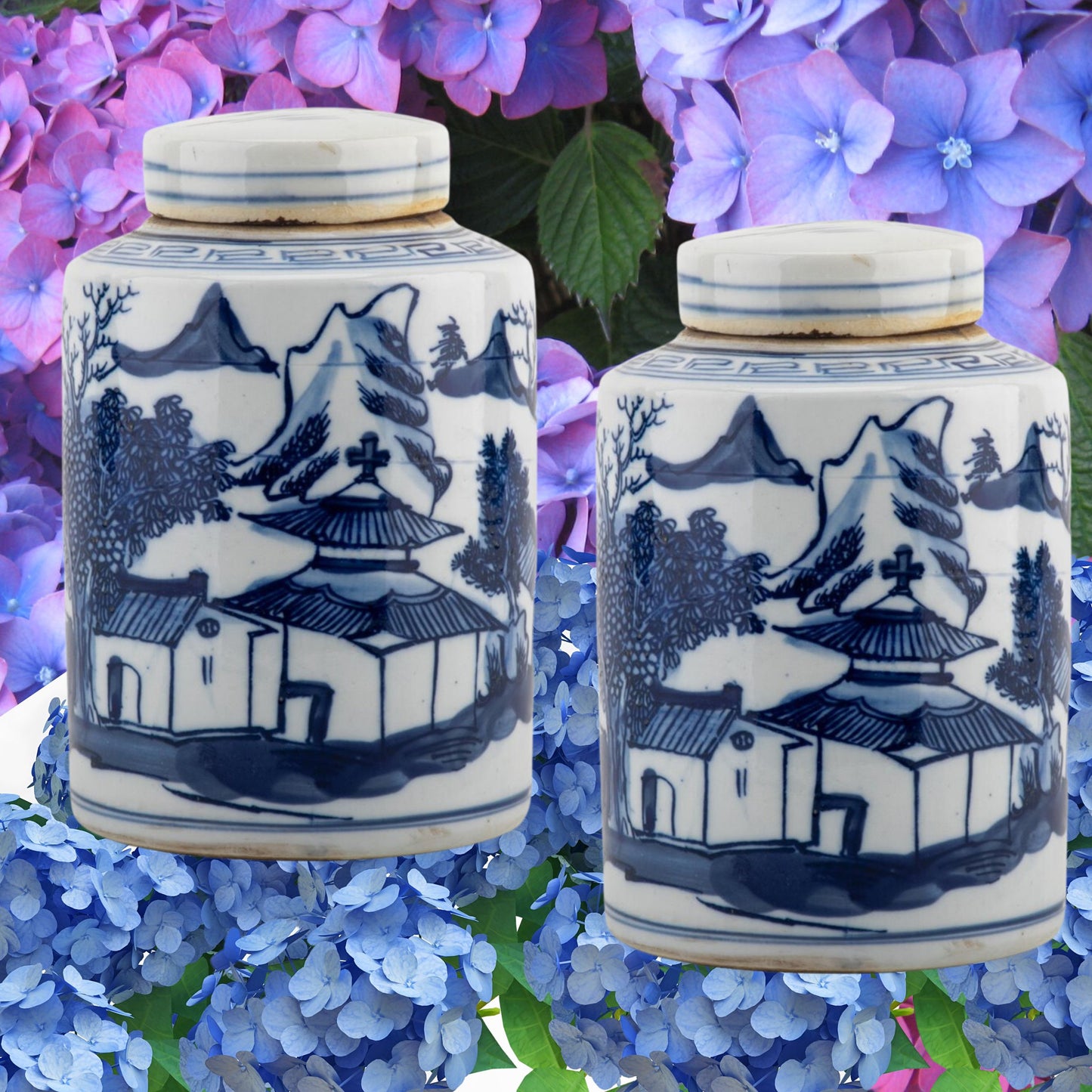 NEW - Blue & White Pagoda, Hand Painted Tea Caddy, 7" Tall