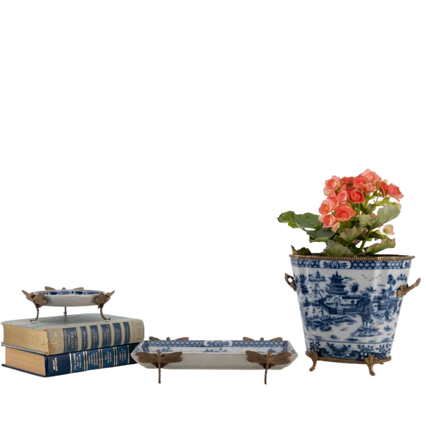 STORY SALE - Blue & White Porcelain Planter W/ Bronze Footings & Details, 7.5" Tall