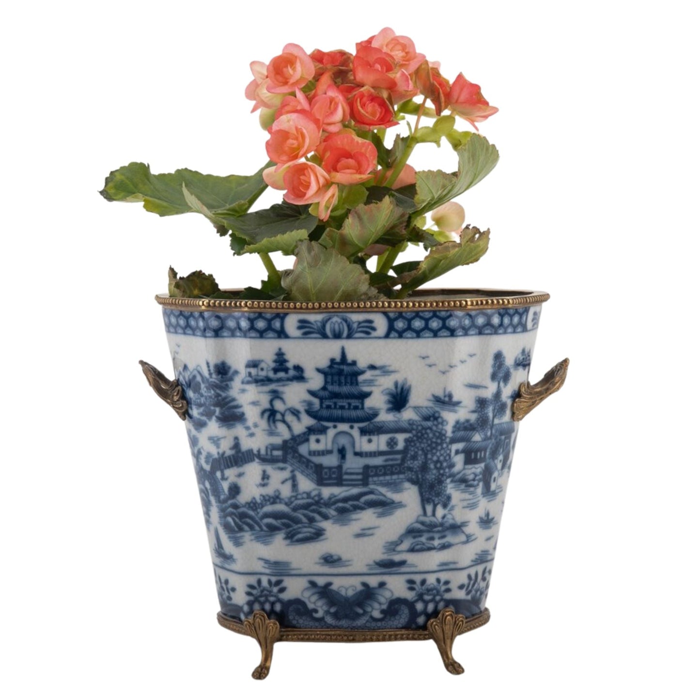 STORY SALE - Blue & White Porcelain Planter W/ Bronze Footings & Details, 7.5" Tall