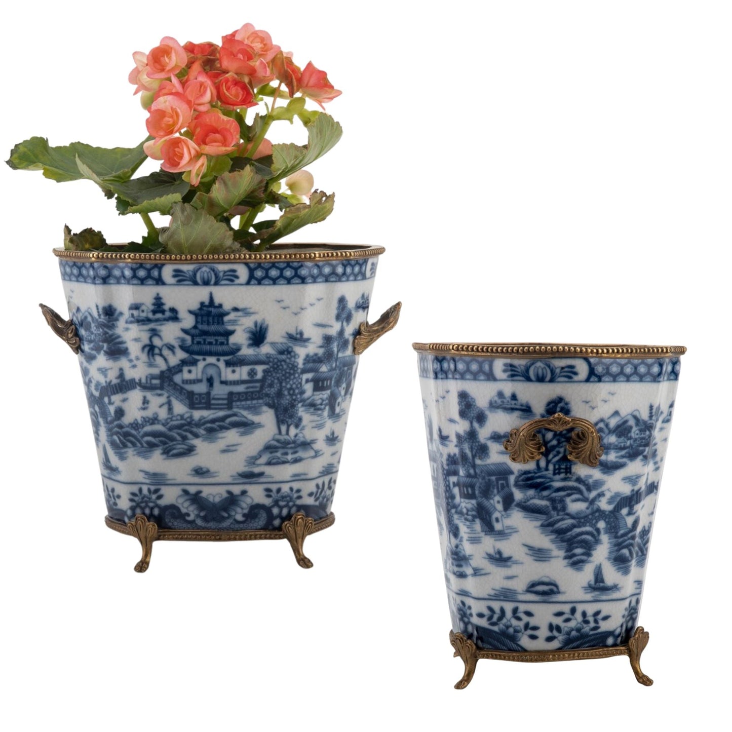 STORY SALE - Blue & White Porcelain Planter W/ Bronze Footings & Details, 7.5" Tall