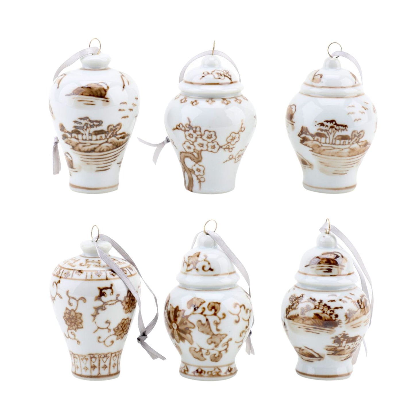 (6) Beige & White Porcelain Ginger Jar Ornament Set, 2.5" Tall