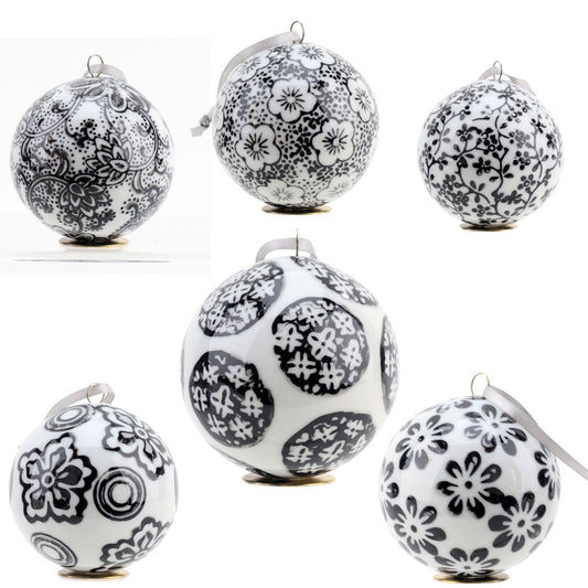 PRE SALE - Set (6) Black & White Chinoiserie Porcelain Ornaments, 2.5" Wide