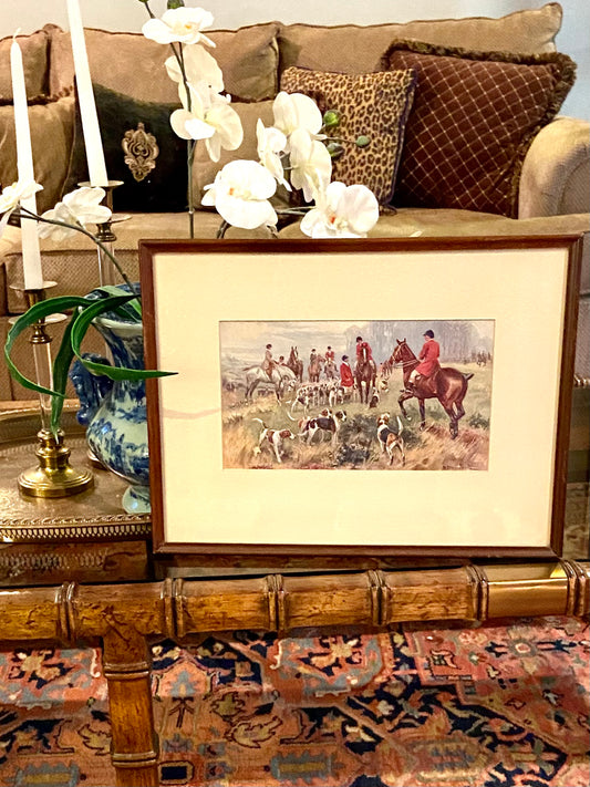 Vintage equestrian red coat hunt color lithograph wall art hi