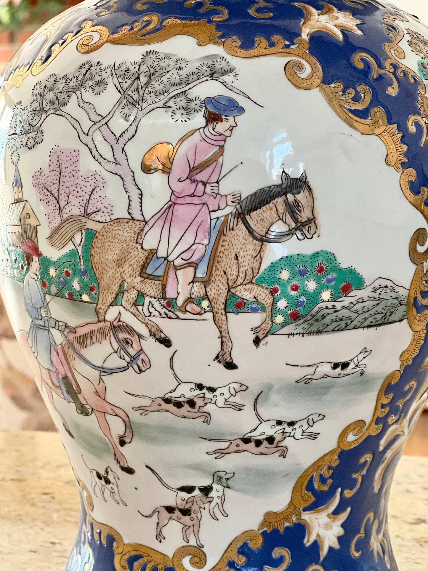 Vintage Chinese Porcelain Temple Jar with Hunt Scene, 14.5” tall - Excellent!