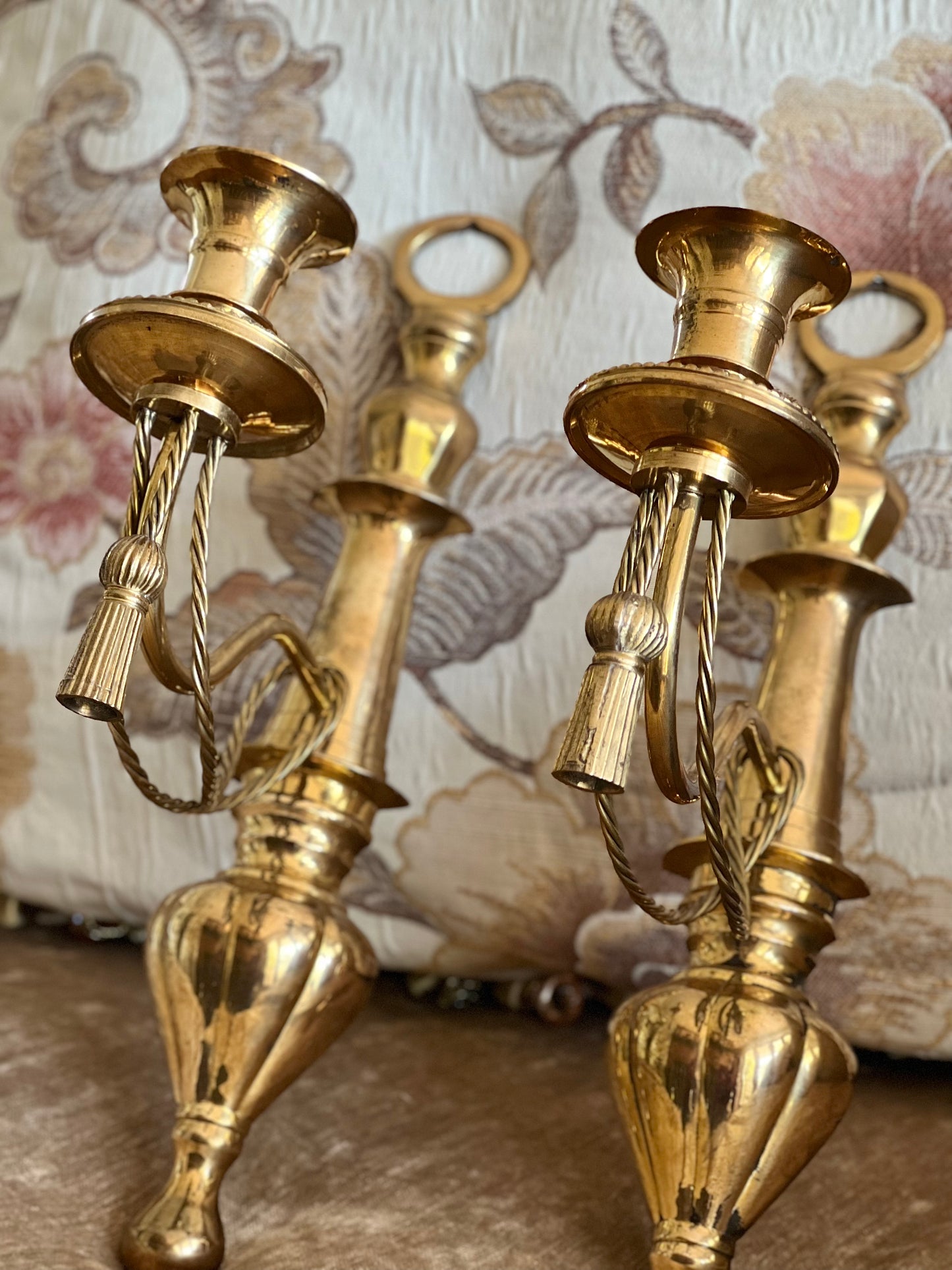 Pair of Vintage Brass Rope & Tassel Wall Sconces