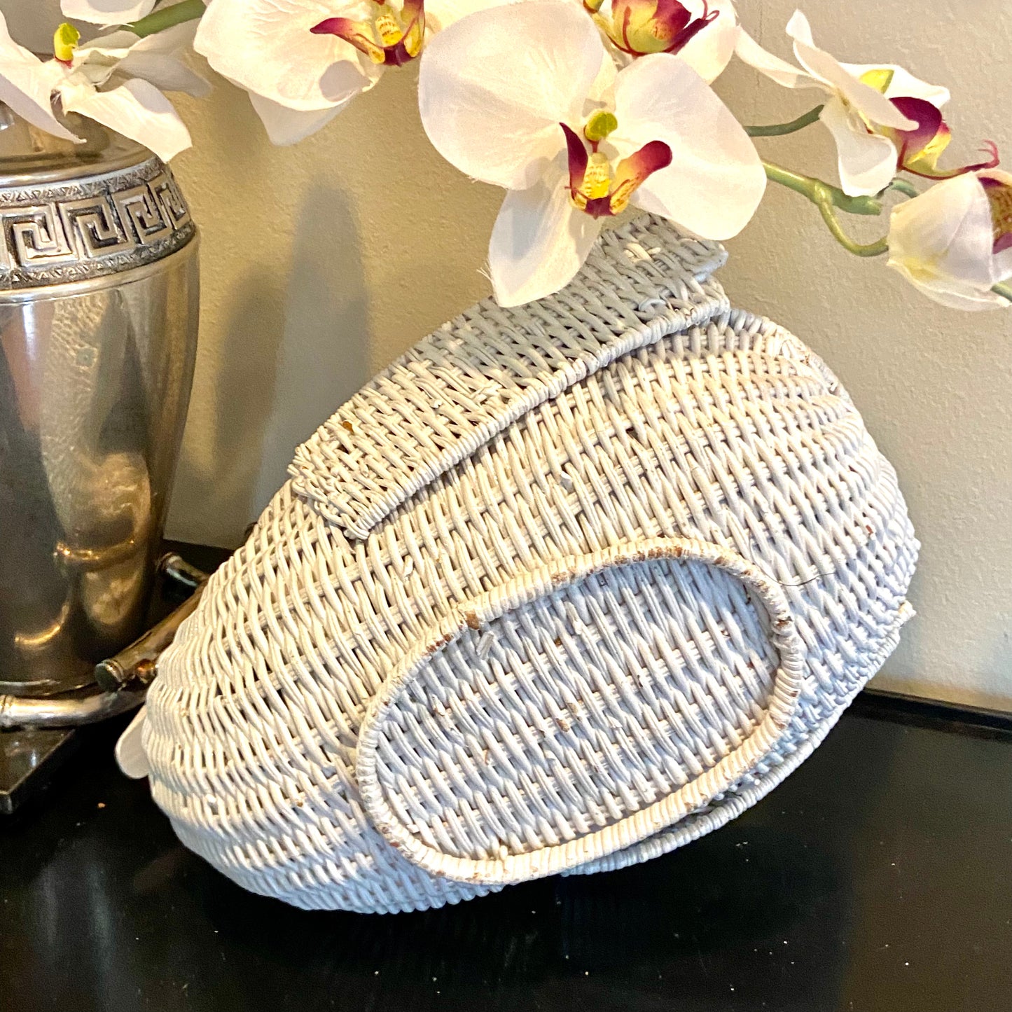 Chic white vintage rattan wicker swan centerpiece planter