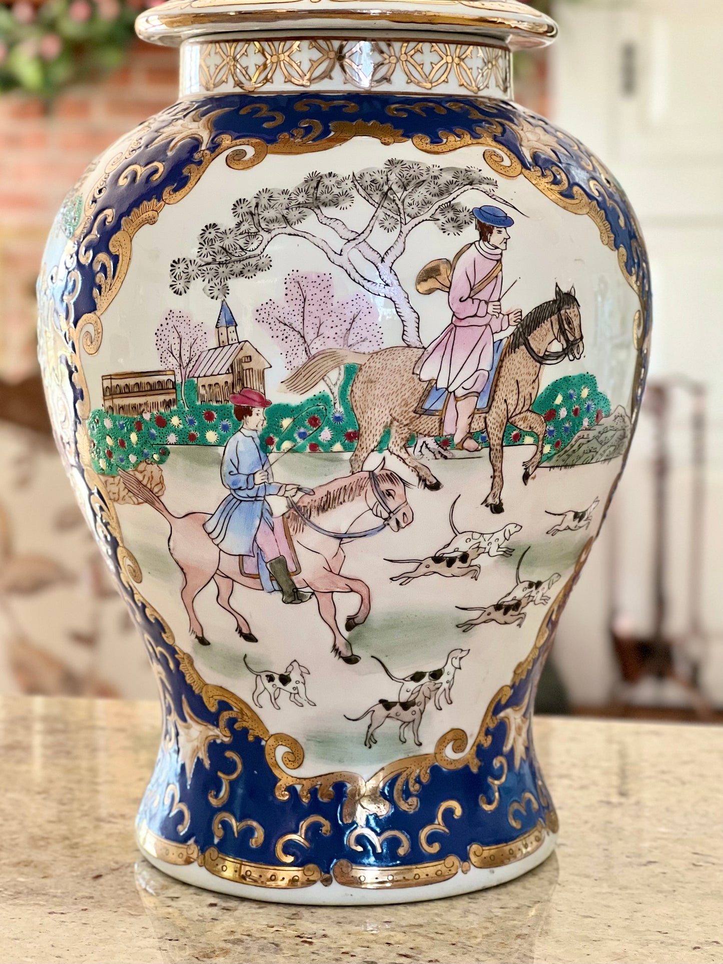 Vintage Chinese Porcelain Temple Jar with Hunt Scene, 14.5” tall - Excellent!