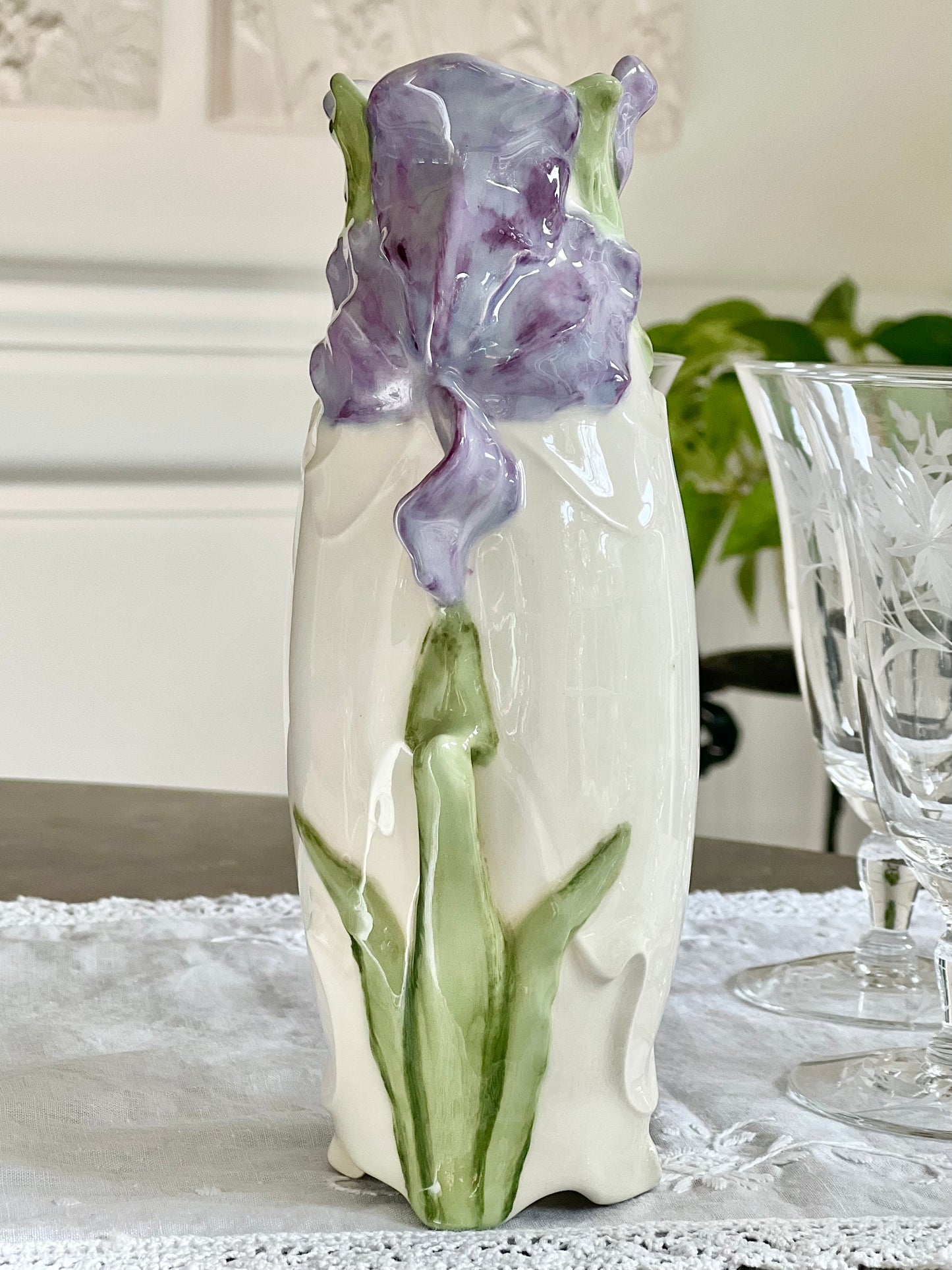 Vintage Art Nouveau Style Iris Vase - 8.5” tall