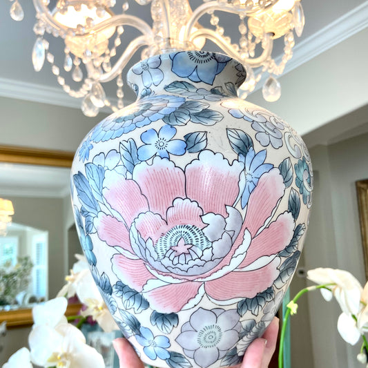 Vintage chinoiserie pink peony ginger jar round vase